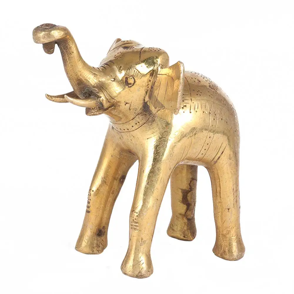 Handmade Indian Brass Golden Elephant With Raised Trunk Sculptures Figurine Statue Home Decor Gift Items 10 x 5 cm SNC-111