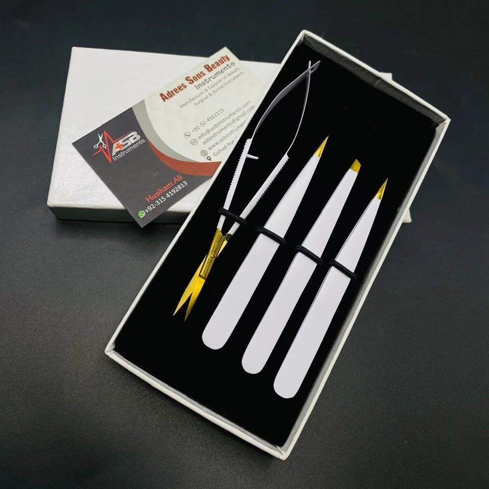 White Gold Plated Sustainable Steel Eyebrow Tweezers Slanted Pointed Tips Brow Tweezer With Eyebrow Eyelash Spring Scissor