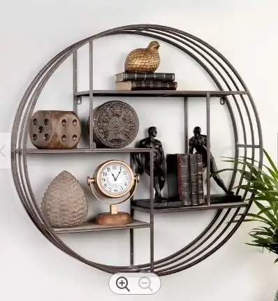 High Quality Customized Home Decor Accessories Black Round Metal And Wooden Wall Mount Hanging Shelf For Living Room