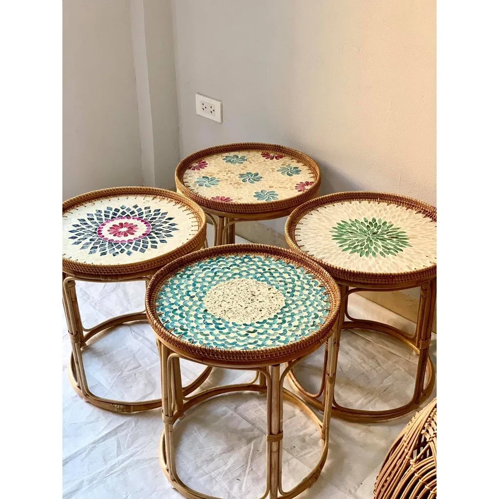 Customized Luxury Home Furniture Rustic Support Service OEM Antique Round rattan coffee table Rattan Tea Table Made In Vietnam