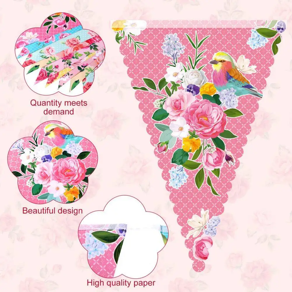 49 Ft 60 Pcs Tea Floral Party Paper Bunting Decor Outdoor Bunting Banner Floral Pennant Banner Tea Party Birthday Supplies