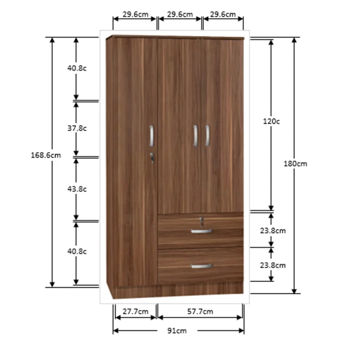 Factory Wholesale Closet Wood Veneer Wardrobe 3-Door Armoire with Two Drawers Four Shelves and Hanging Rod