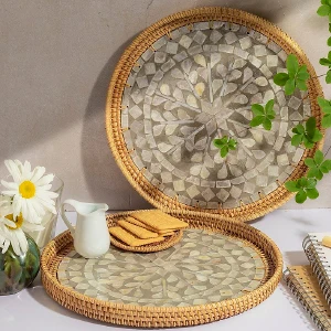 Handwoven Round Organizer Rattan Food Storage Tray customized with Mosaic Good Price Natural from india