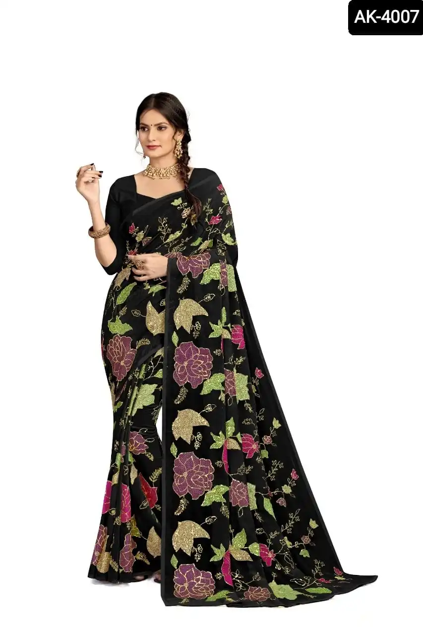 Indian Ethnic Georgette with Thread and Sequence Work Sari and Banglory Silk Plain Blouse Material for Party Wear Function Saree