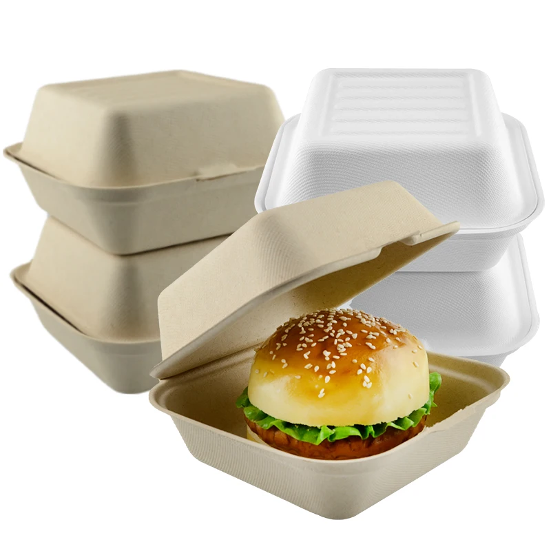 6 Inch Hamburger Container Box, Disposable Biodegradable Sugarcane Bagasse Pulp Clamshell Food Box, Lunch Packaging Container