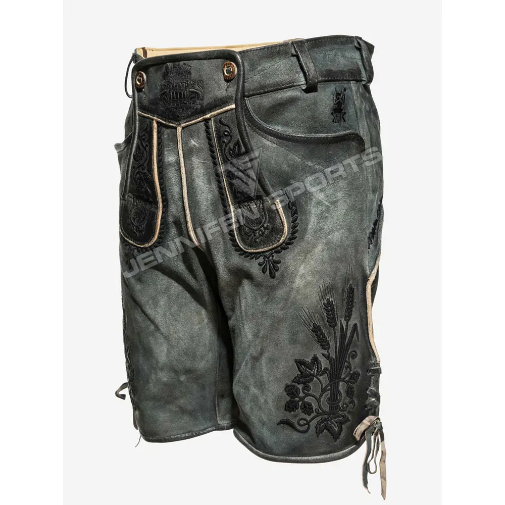Popular Fashion Bavarian Men Lederhosen Short Cowhide Suede Leather Front Embroidery Sides&Backside Pockets With Belt Loops