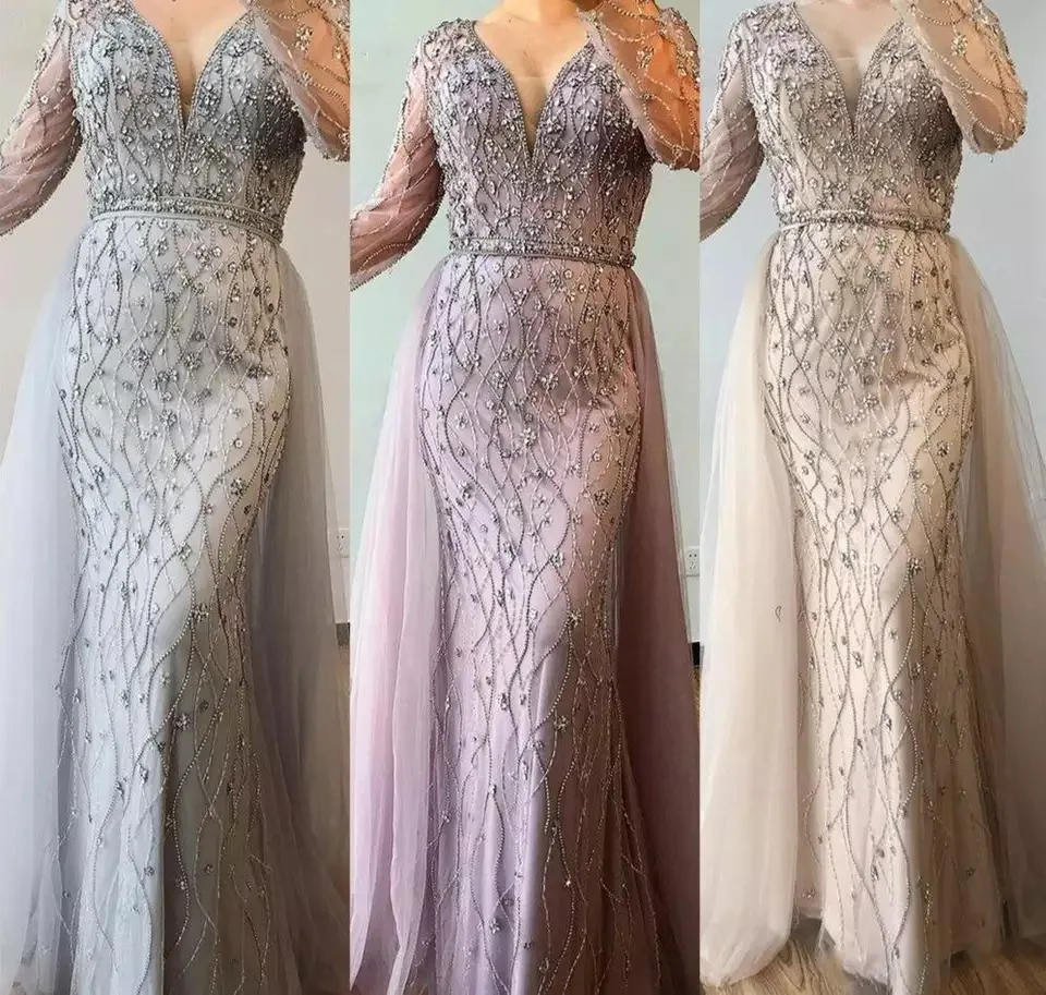 Light Purple Long Sleeves Luxury Evening Dresses 2021 Dubai V Neck Diamond Mermaid Beading Formal Dress