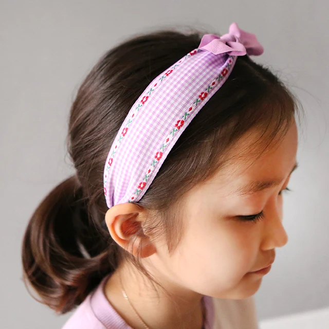 Girls Cute checkered pattern embroidered ribbon headband Korea fashion hair accessory