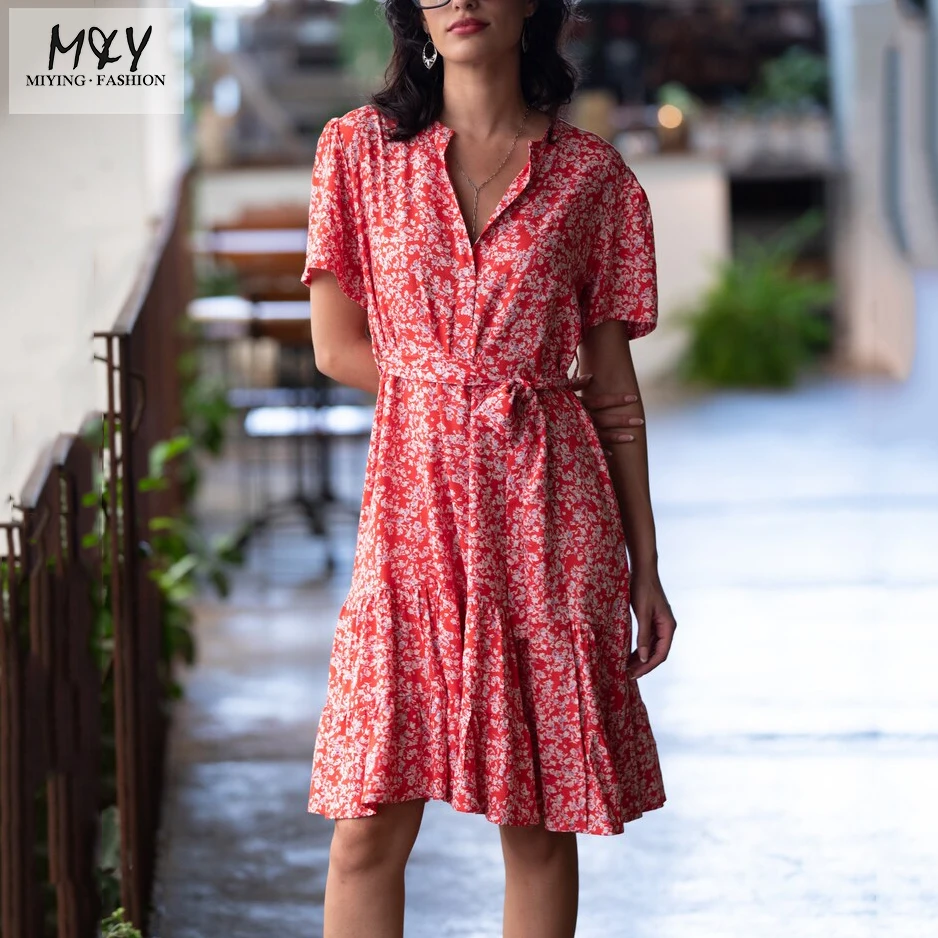Romantic A-line Summer Dress Urban Mid Day Dress Women Short Ruffle Hem Ditsy Floral Boho Chic Casual Work Fit Flare Skater Red
