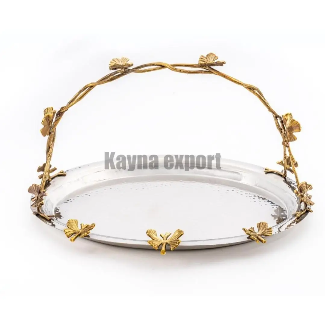 Luxury Stainless Steel beautiful brass branch design with butterfly Christmas  serving Dish Platter tray