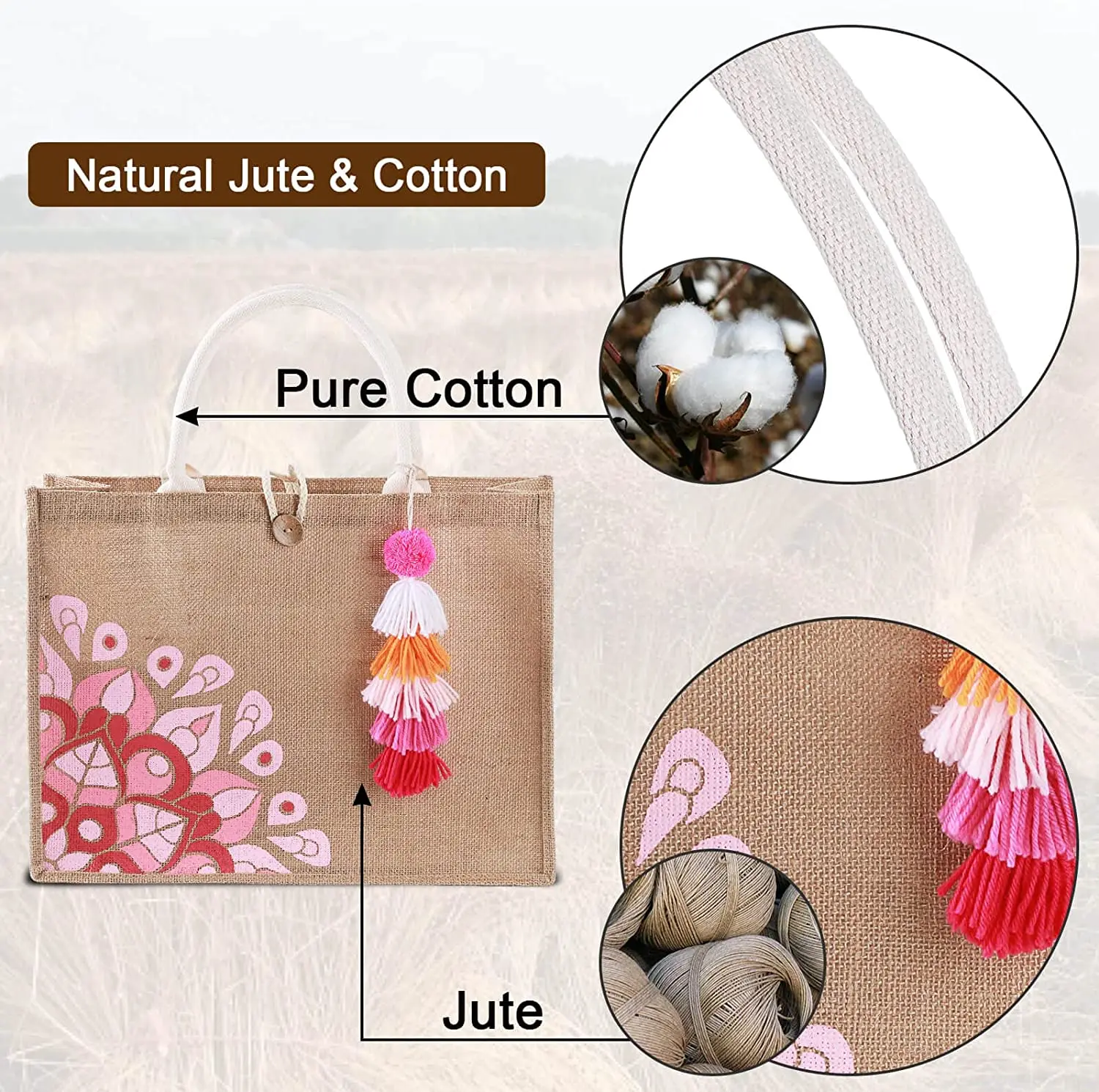 Jute Reusable Grocery Shopping Bag Jute Tote Bags Aesthetic for School, College, Travel, Beach OEM Made In Vietnam