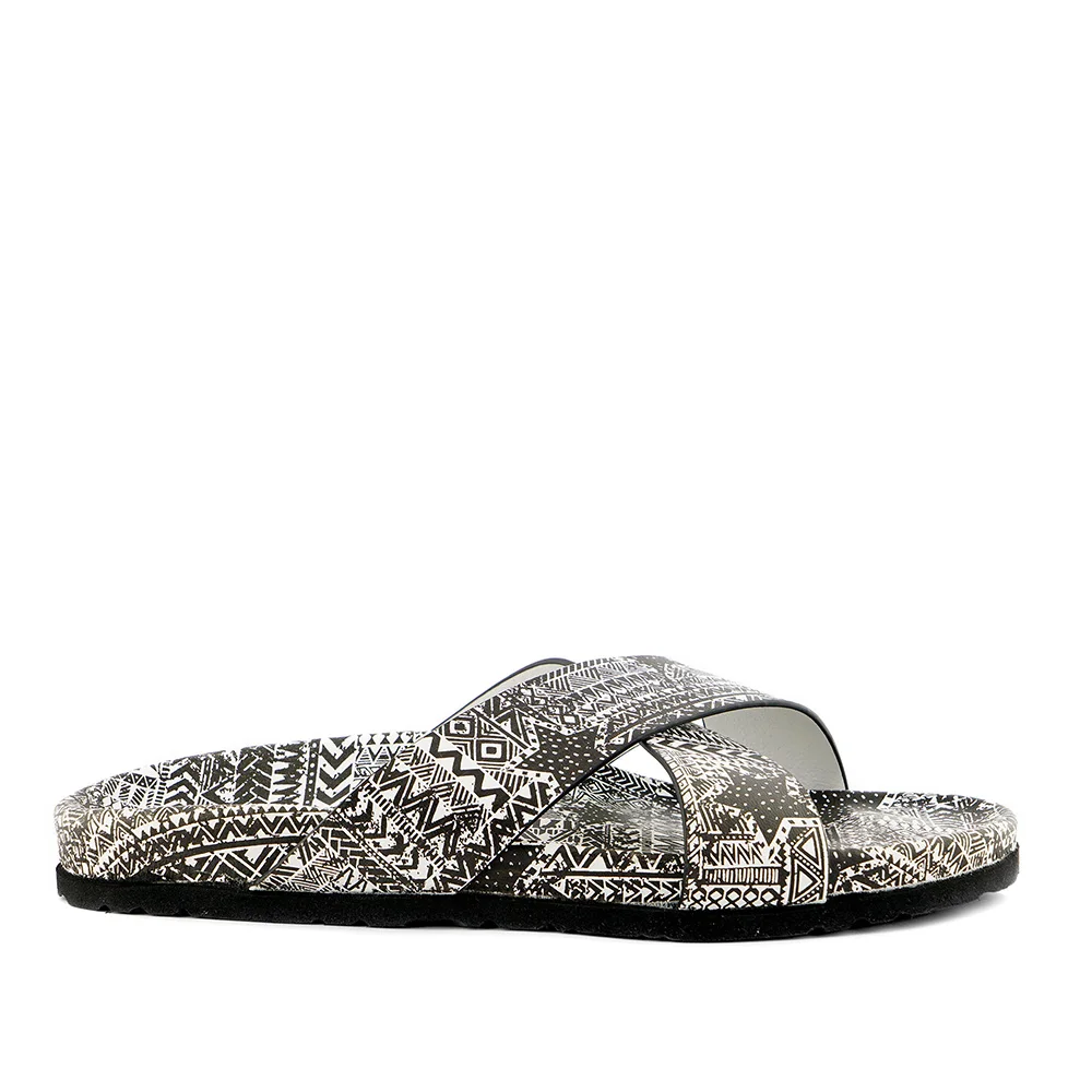 HIGH QUALITY WOMAN SLIPPER WHITE LEATHER ANATOMIC FUSBET WITH TWO BANDS UPPER DIGITALLY PRINTED BLACK AND WHITE