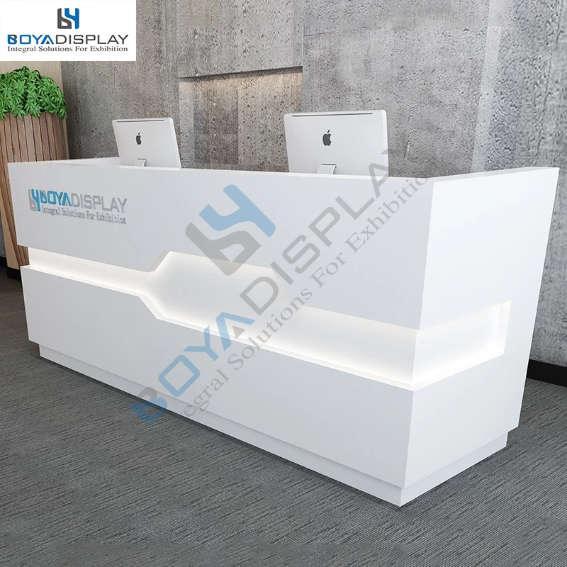Custom White Glossy Acrylic Solid Surface Front Led Light Reception Desk Salon Front Desk