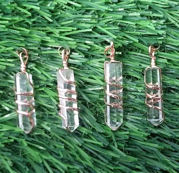 Clear Quartz Crystal Gemstone Single Point Pencil Crystal Copper Wire Wrap healing Pendants
