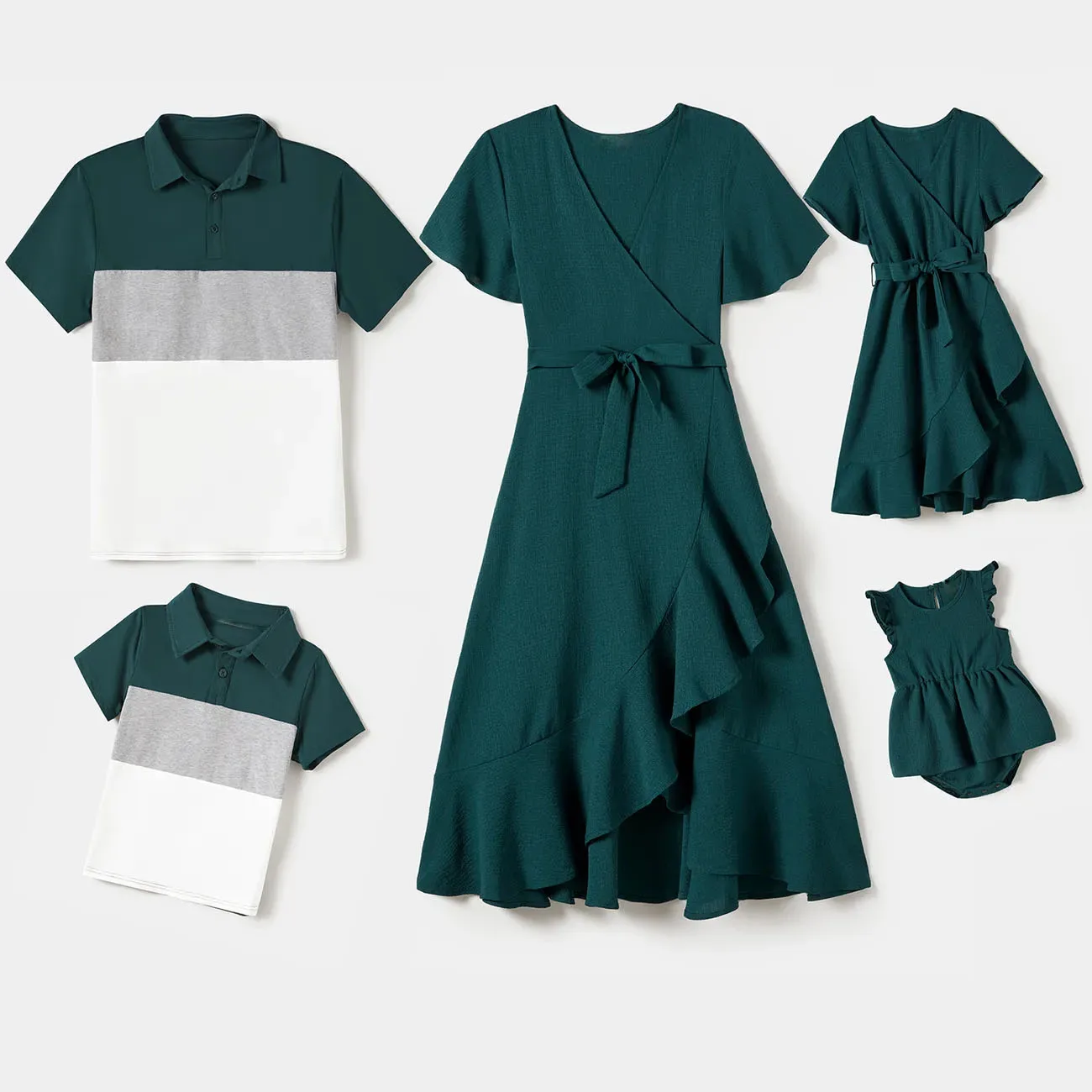 Family Matching Green Solid Color V-neck Belted Dresses And Color Block Short-Sleeved Tops Sets