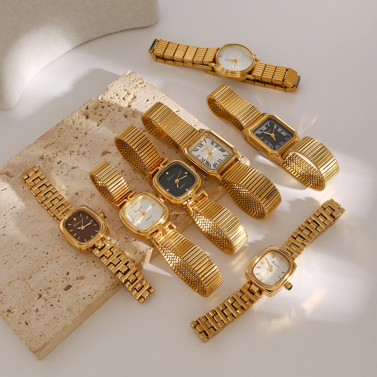 18k Gold Stainless Steel Square White Ribbed Quartz Strap Watch