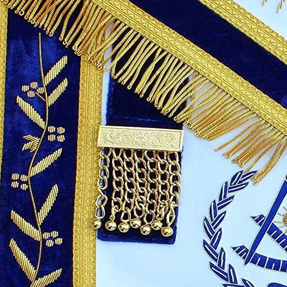 Masonic Grand Past Master apron with gold bullion blue thread purple velvet and backing with pocket and adjustable belt