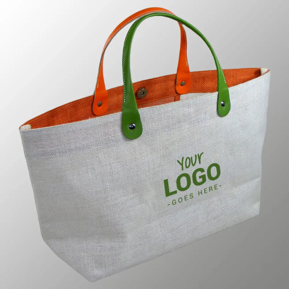 white jute bag leather handles bag snap button closure inside hanging pocket custom printed logo added shopping promotion bag