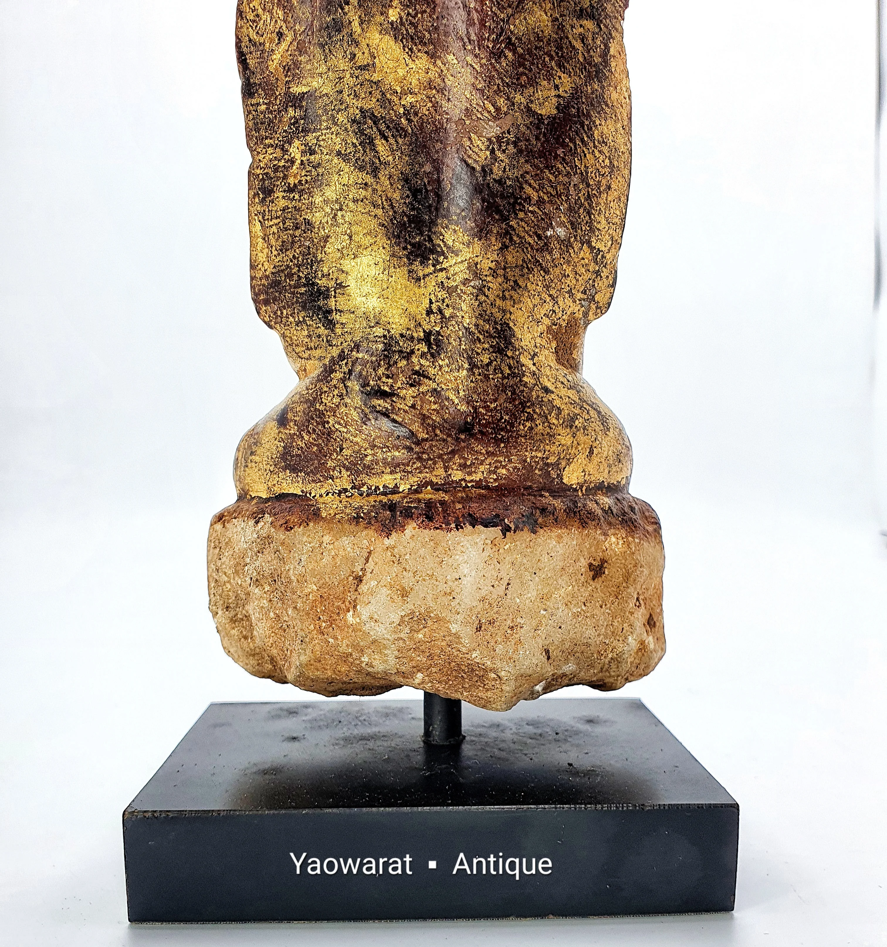 Antique Stone Carved Buddha Statue for Worship Covered with Lacquer Gilded The Attitude of Subduing Mara Home Decor