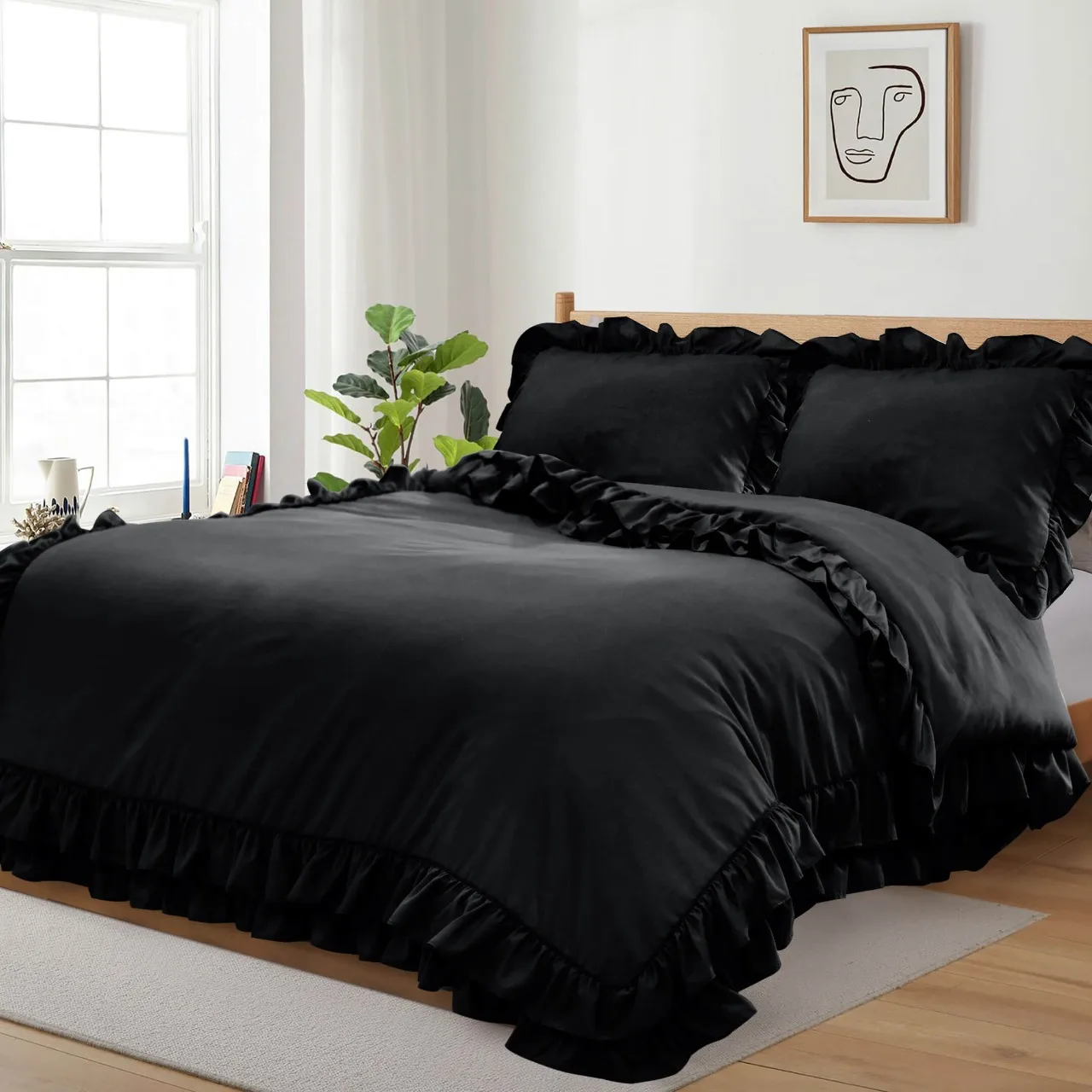 New Design Affordable wholesale Ruffled style Black Duvet set Microfiber duvet cover custom OEM ODM solid color
