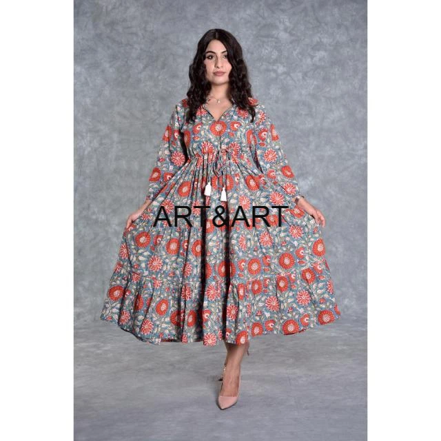 New Hand Block Printed Long Dress Handmade Cotton Vintage Dress Casual Women Dress Party wear Beautiful Flower Gown