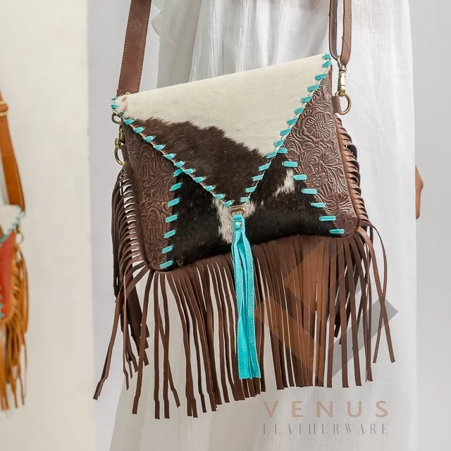 Hot Selling Cowhide Fur Leather Fringe Bag Women Tooled Carving Leather Handbag Boho Style Leather Sling Bag