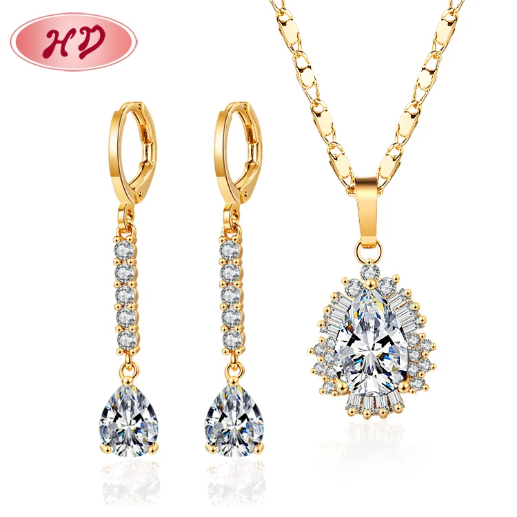 QUALITY AAA CZ STONE 18k gold plated luxury cubic zirconia long drop earrings and pendant necklace party wedding sets jewelry