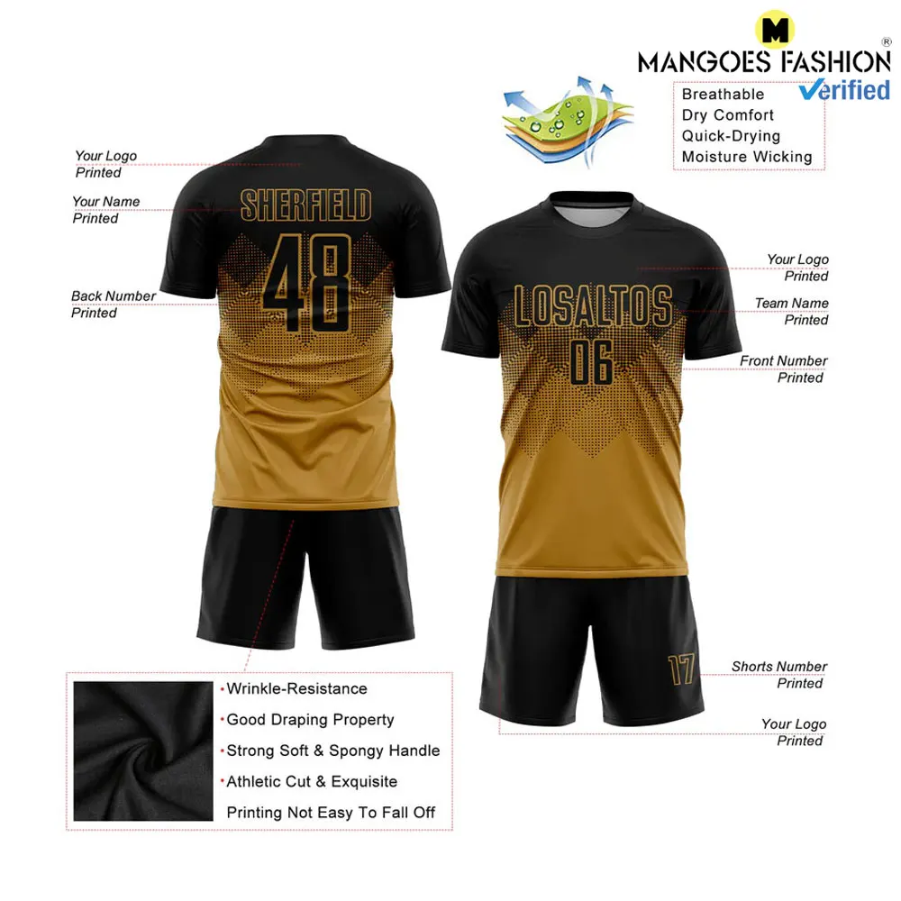 Premium Custom Old Gold Black Sublimation Soccer Uniform Jersey Moisture-Wicking Spongy Handle Draping Property Elasticity