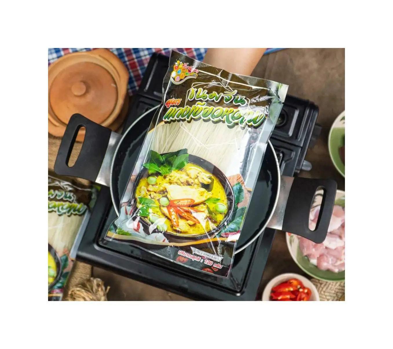 Instant Rice Noodles (Khanom Jeen) with Green Curry Authentic Thai Hot and Spicy Tasty  120g./Pack