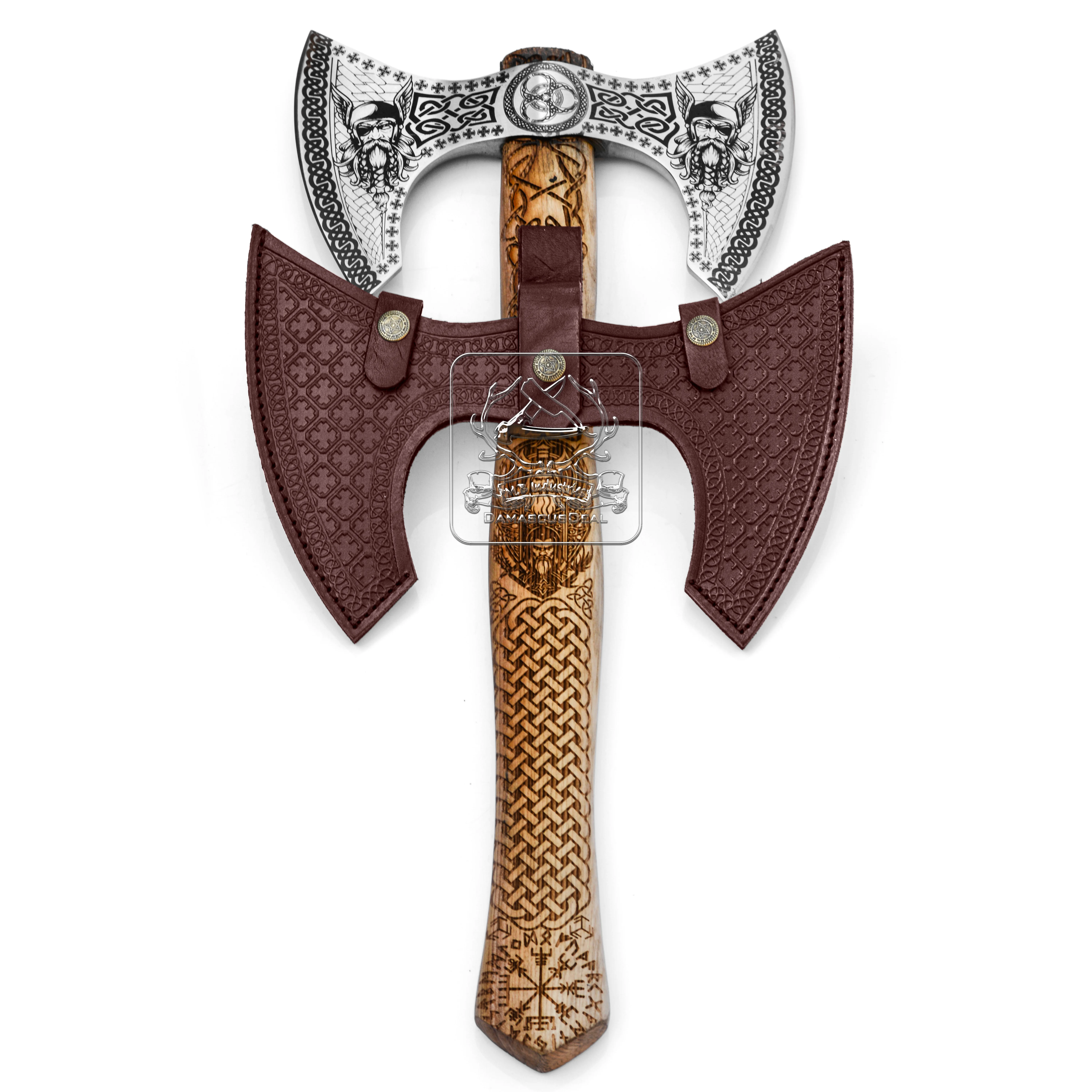 High Quality Viking Axe with Laser Etching on Blade and Wooden Handle Embossed Leather Sheath with Viking Designs DD-VA-ENG-104