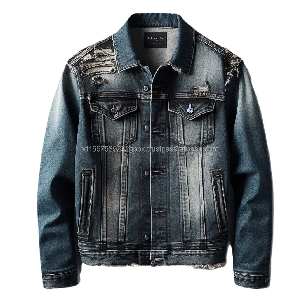 Custom Designed Distressed Denim Jacket with High Denier Fabric Washed Ripped Patterns Trending Styles Winter Pockets Collar