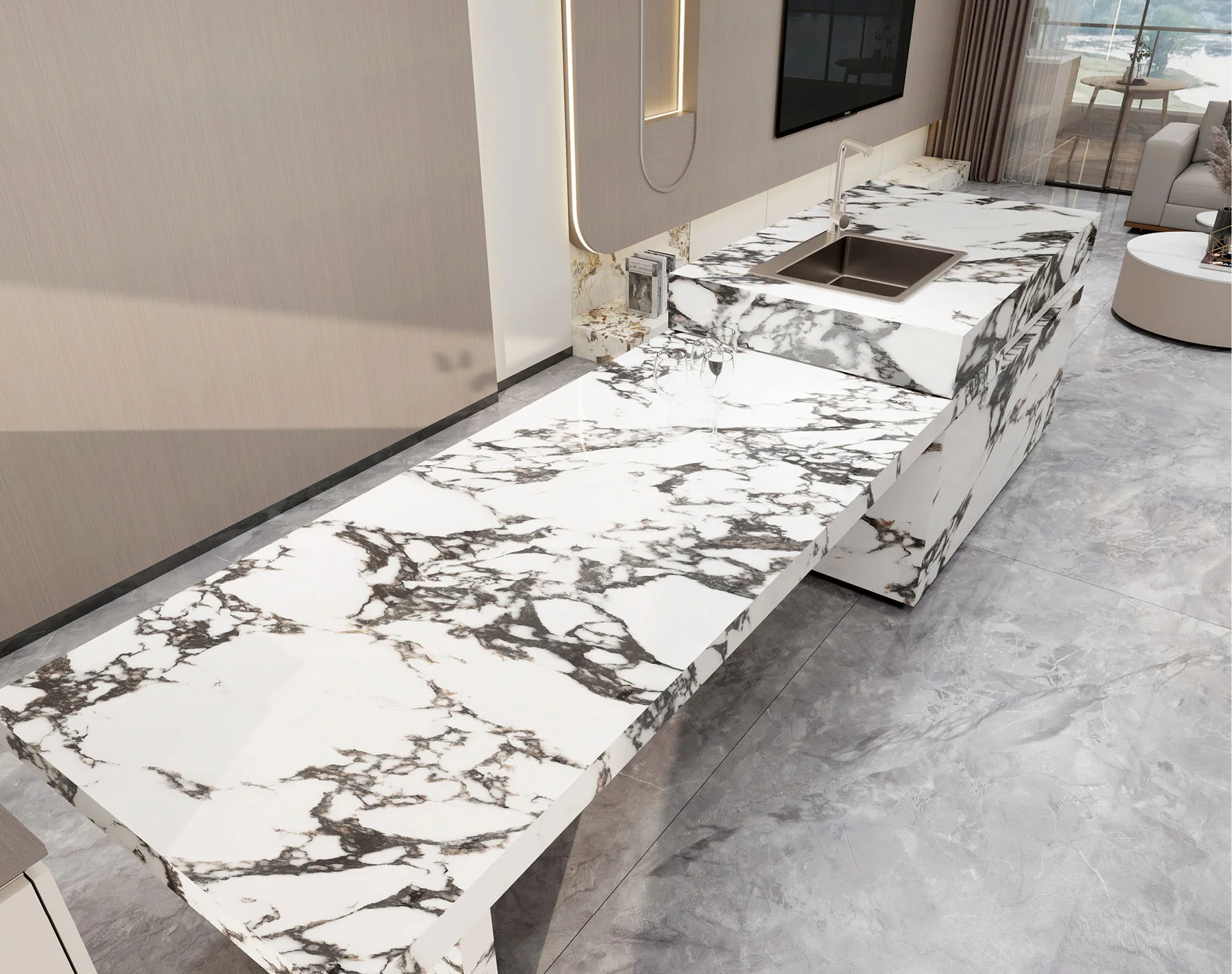China Manufacturer Bulgari Black 12MM Big Slab Marble Look Glossy Sintered Stone for Countertops
