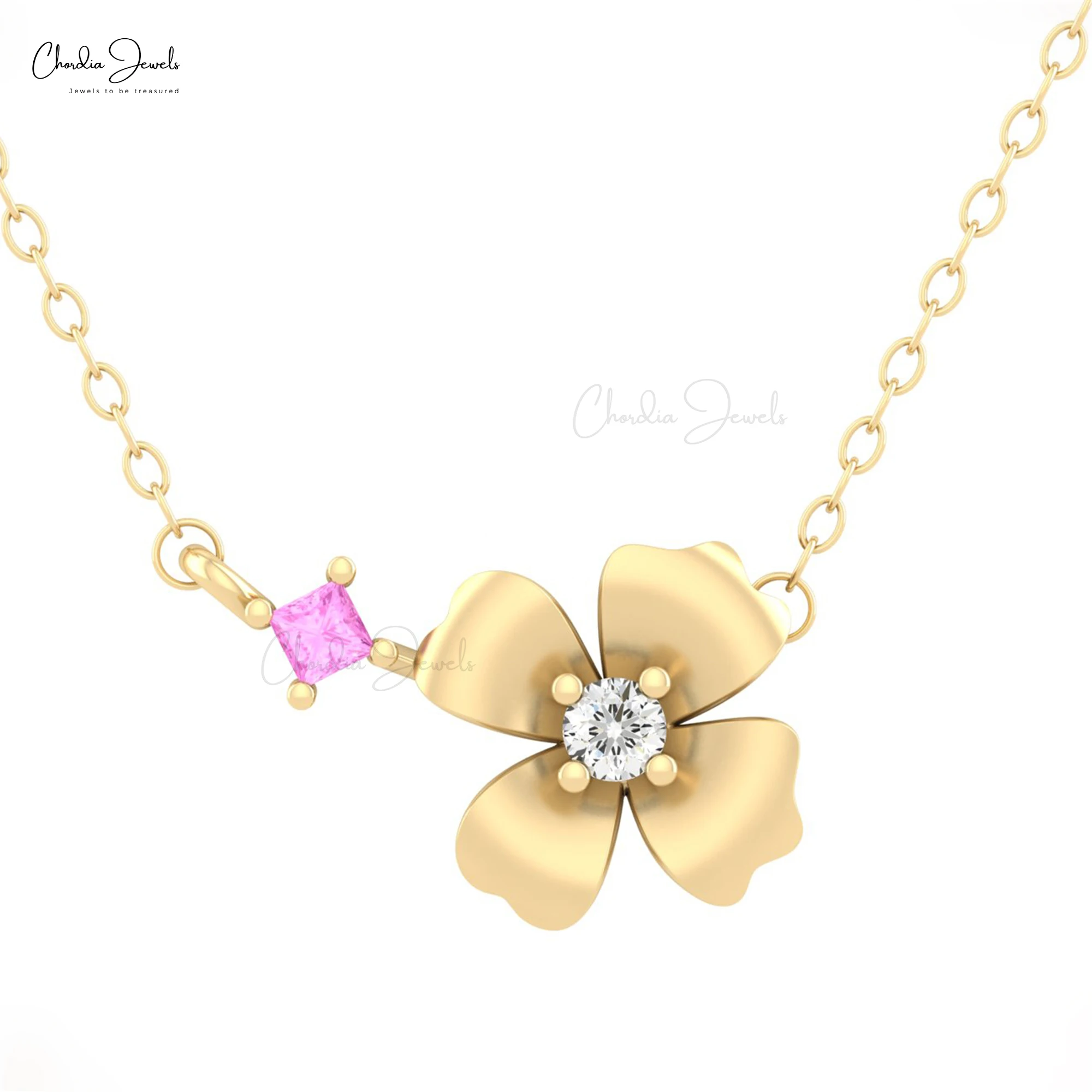 Hot Sale High Quality Natural Pink Sapphire and White Diamond Prong Set Gemstone Flower Necklace 14k Real Gold Jewelry Supplier