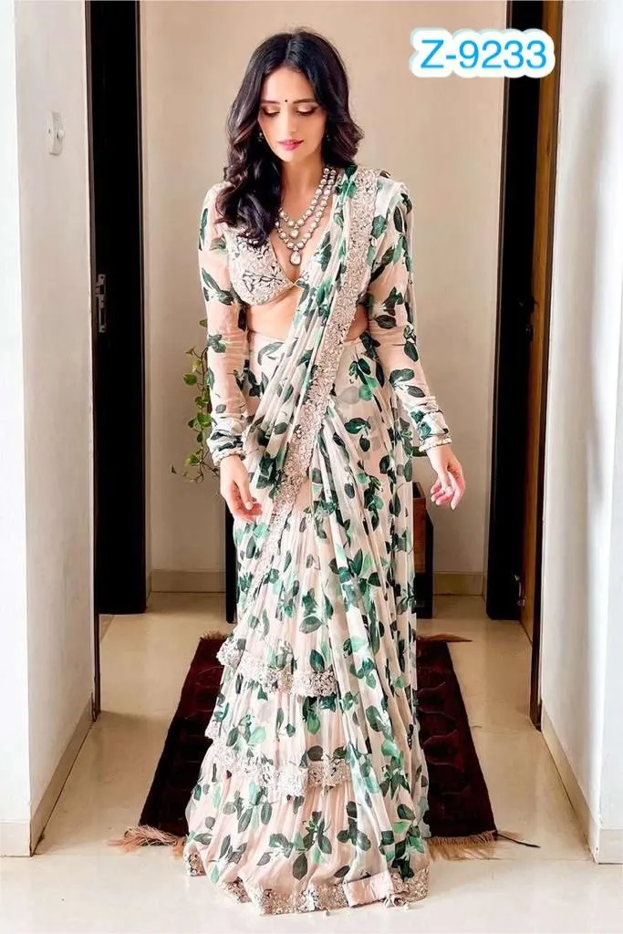 New Designer White & Green Color Ruffle Style Fox Georgette Embroidery Sequin Work Saree Indian Sarees for Wedding and Home Wear