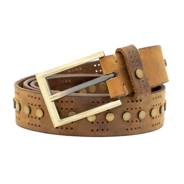 Premium Quality Stud Belt for Male New Design Camel Genuine Leather Belts for Men with Pin Buckle At Wholesale Price From India