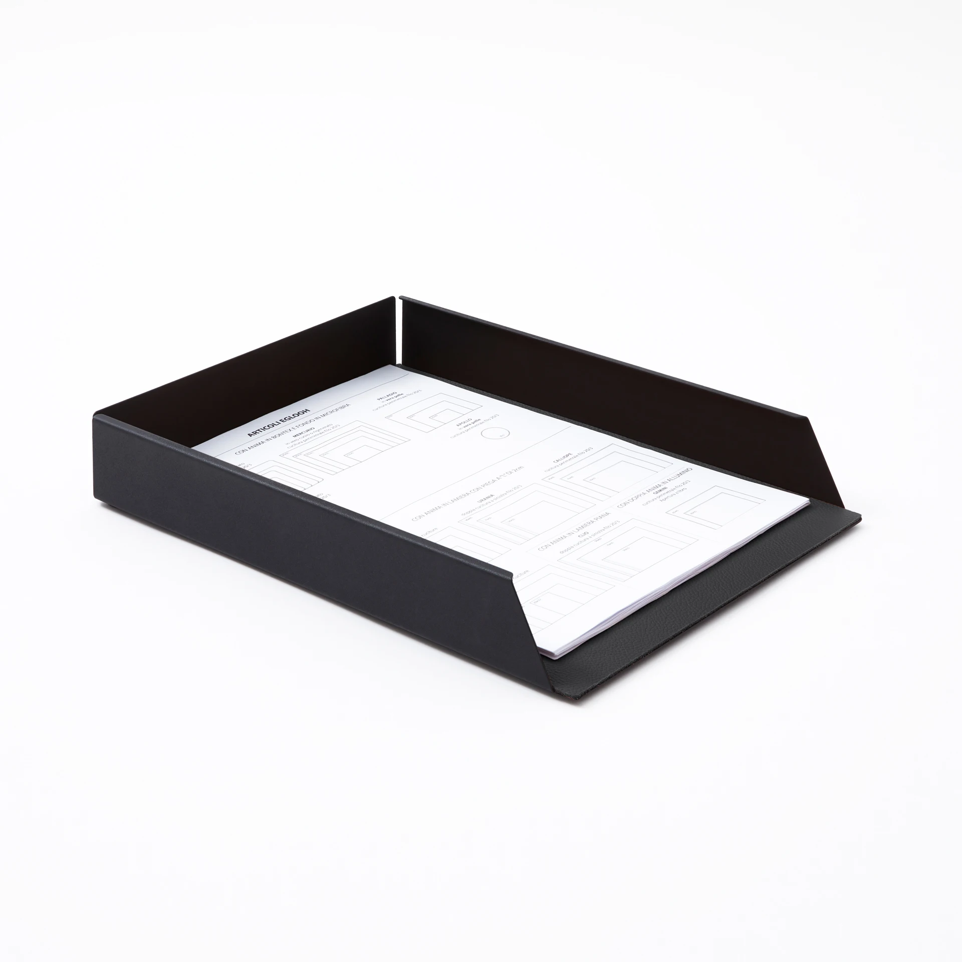 Stackable File Tray Black Steel Structure and Real Leather Black cm 32x24 H5 Made in Italy