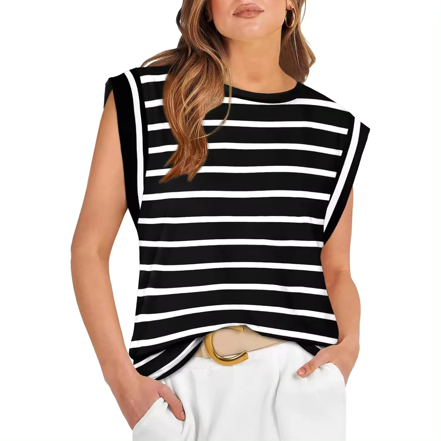 Spring/Summer 2024 Round Neck Loose Short Sleeve T-Shirt Striped Top Vest Breathable Summer Blouses for Women Trending T Shirts