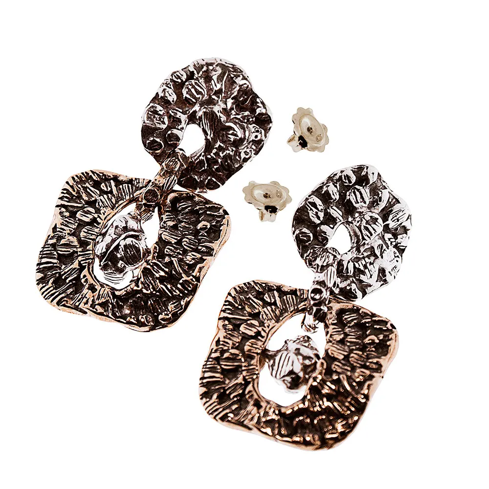 Fashion jewellery handcrafted earring best quality silver 925 and bronze pin and butterfly closure Irregular movable squares