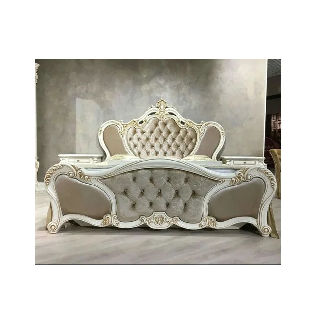 Royal Velvet Upholstered Double Bed Frame King Size  Europe style royal furniture luxury classic carved wooden double bed
