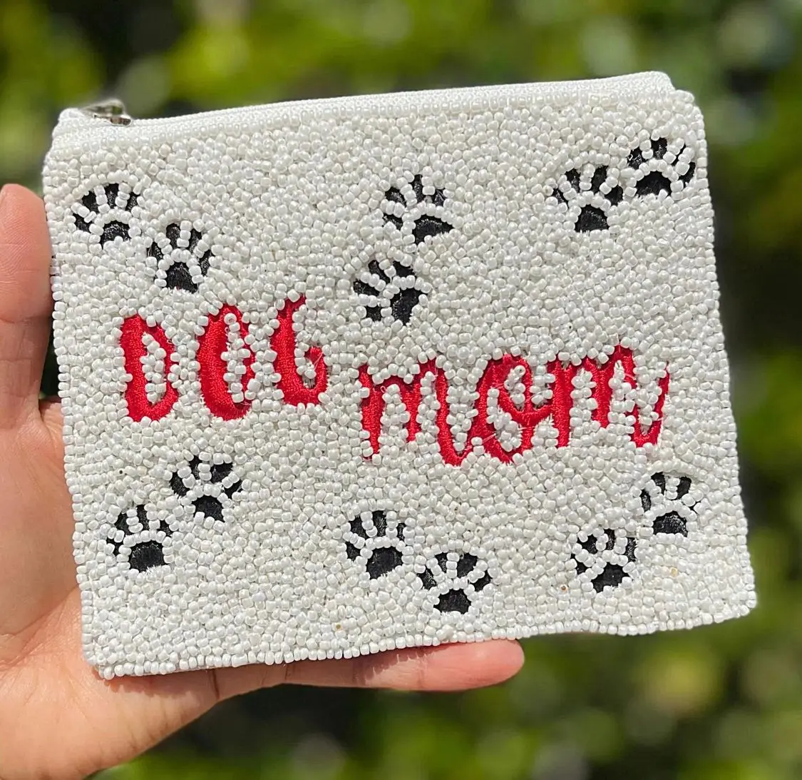 Dog Mom White Seed Beaded Coin Money Purse Makeup Bag