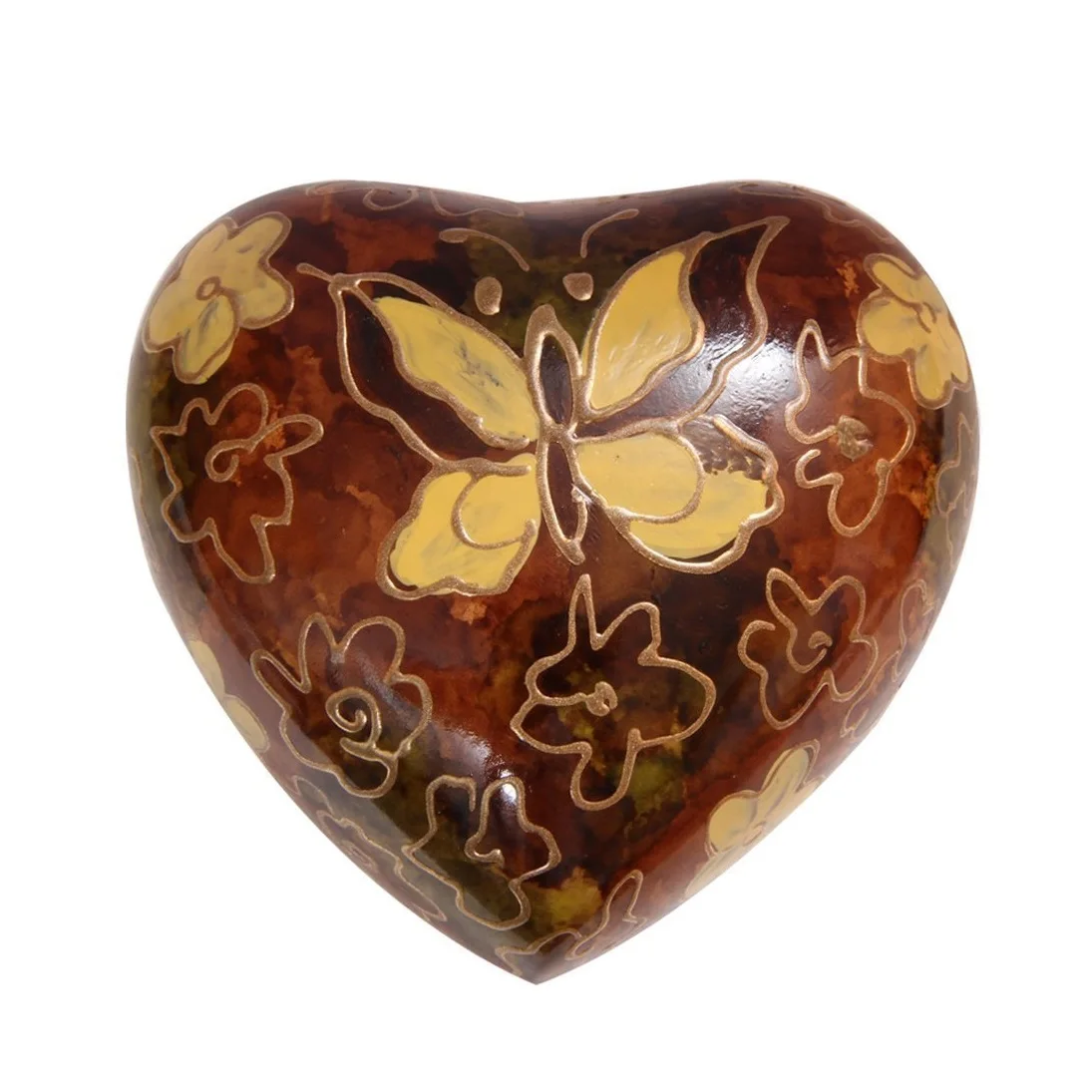 Heart Shape Mini Keepsake Brown Aluminium Cremation Urn For Ashes with Butterflies Sparkle Outline Design