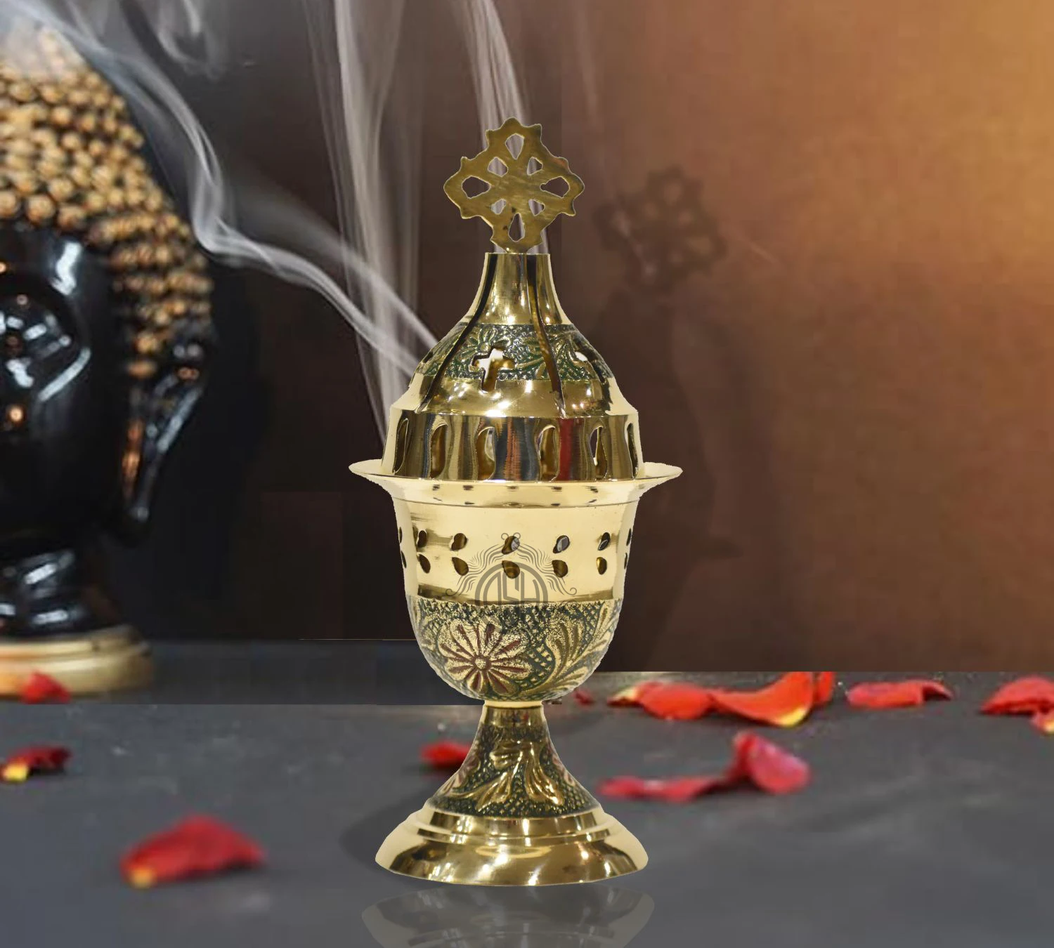 Engraved Design Brass Handmade Incense Burner Oil Lamp Bakhor Daan For Home Temple Office Used.