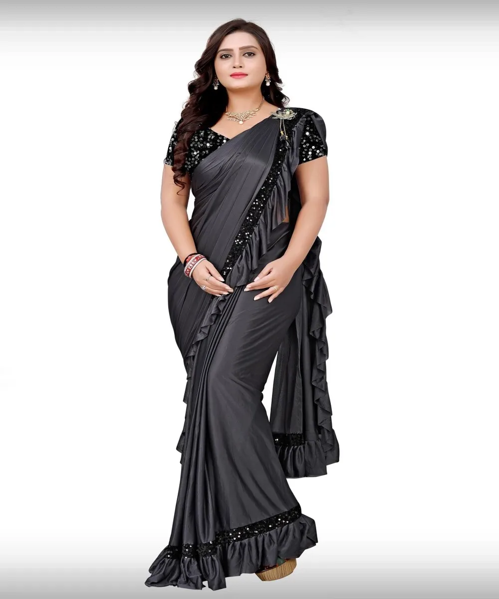 Ready to Wear Party Sequence Work Lace Borer Gary Color Latest Fashion Saree With Beautiful Blouse in Ethnic