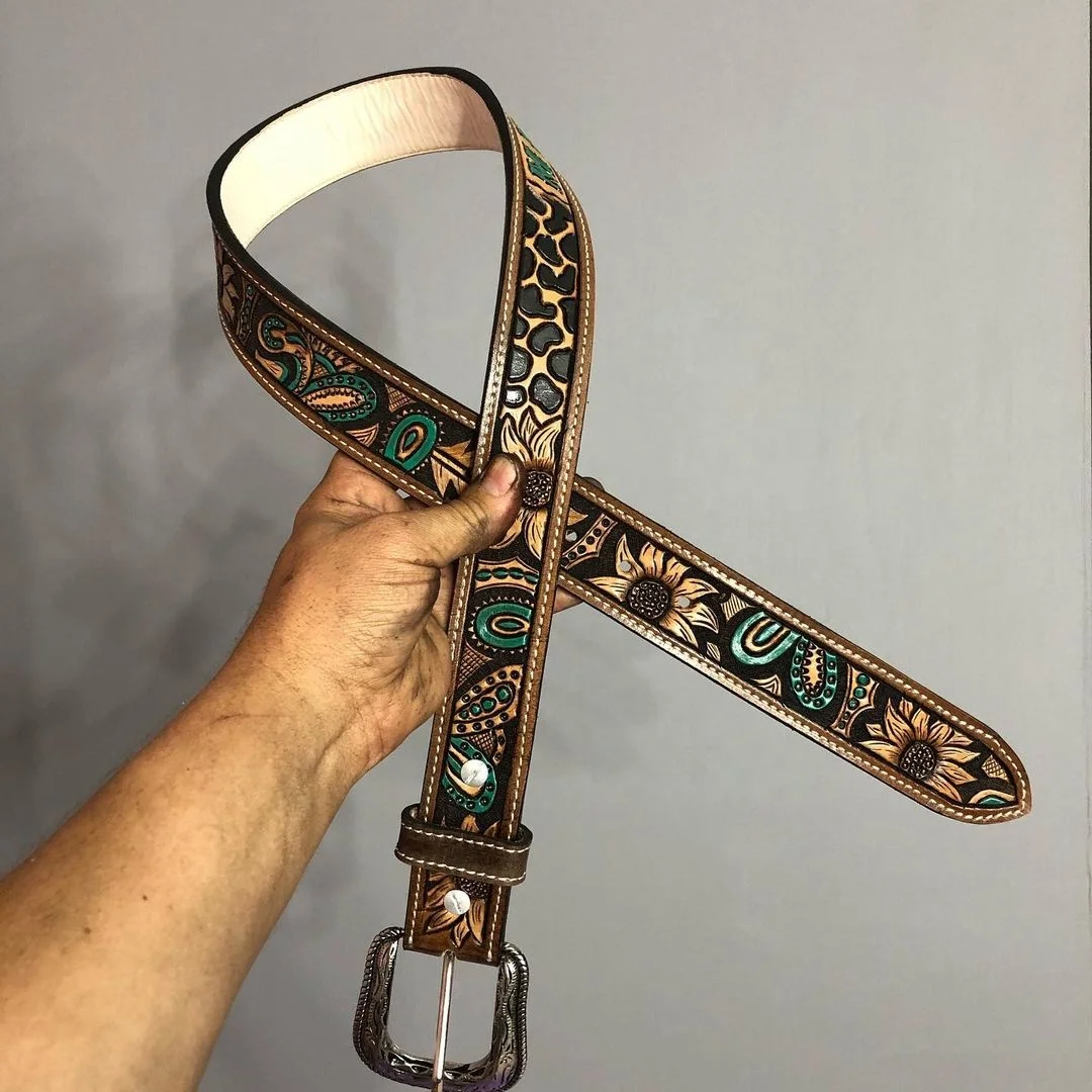 Fashionable Sunflower Embossed Fancy Western Cowboy Belt & Best Quality Leather Top Wholesale Manufacturer For Men & Women