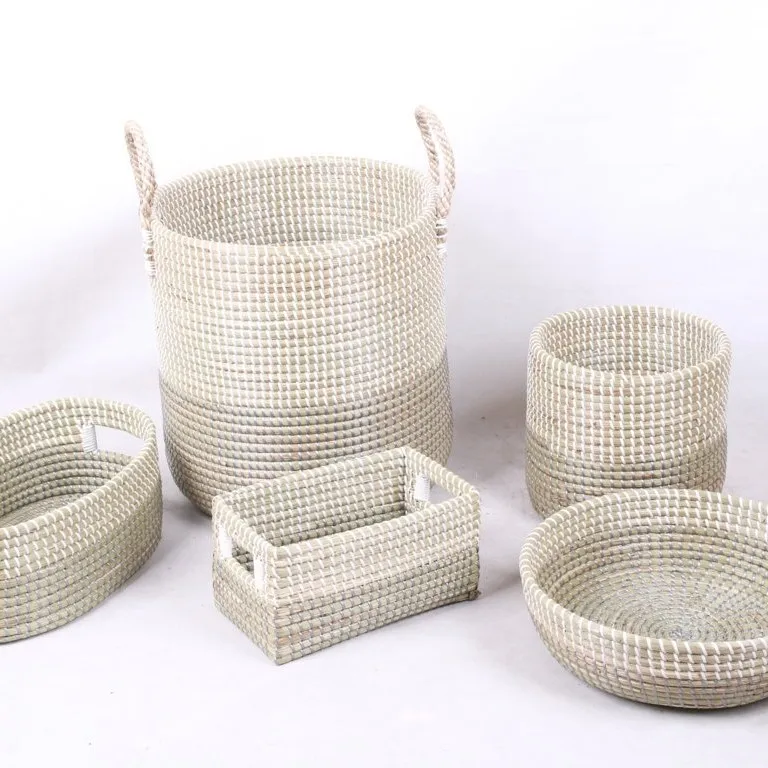 Round Basket with Lid and Handles  Storage & Laundry Hamper  Handwoven Natural Coiled Seagrass Basket