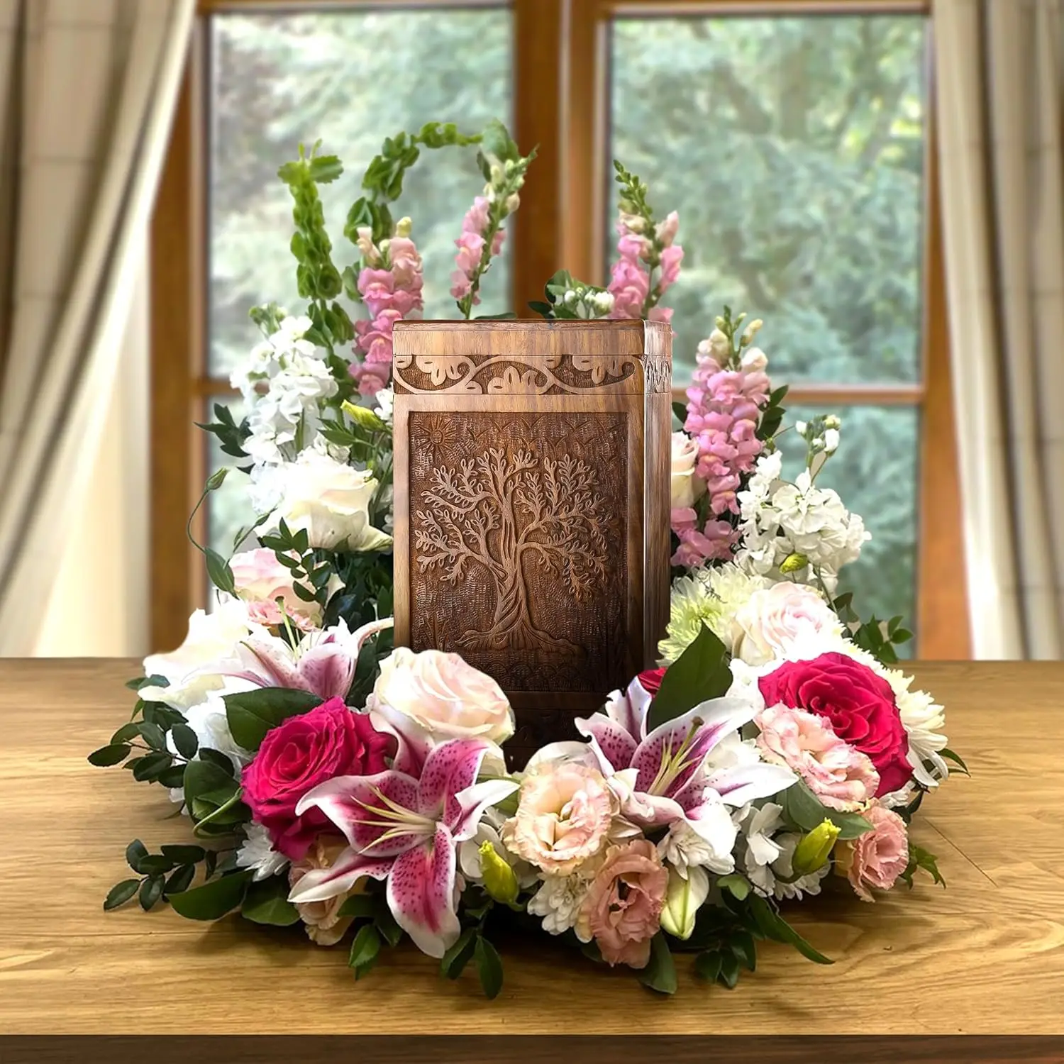 Tree of Life Carved Wooden Cremation Urn for Ashes,Adult Size Wooden Funeral Urn Burial Wholesale Supplies