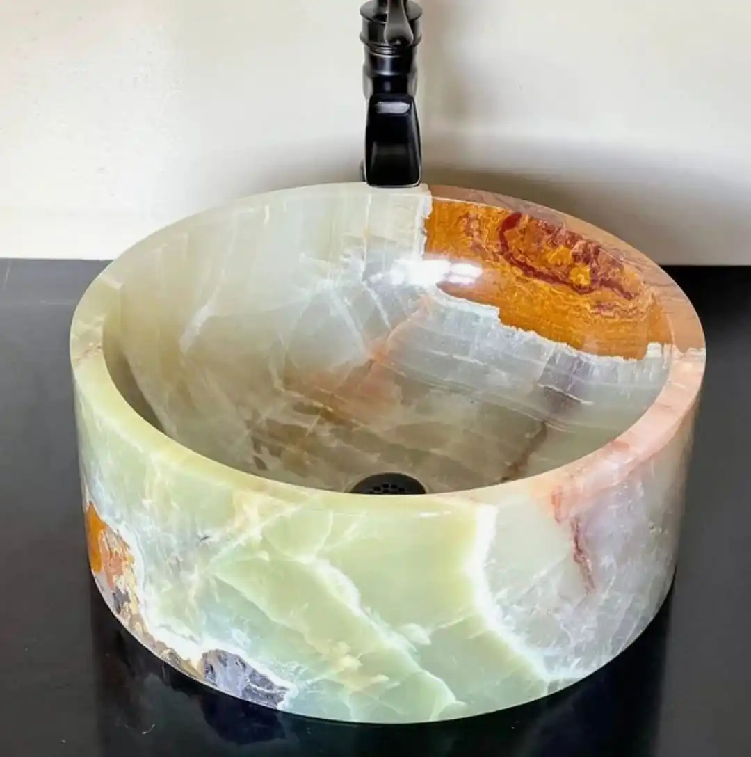 Rustic Marble Hand Carved Vessel Vanity Basin Green Natural Onyx Stone Sink Single Hole Faucet Mount Home Bathroom Decoration
