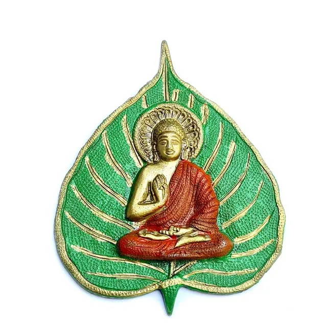 Metal Aluminium Door Hanging Wall Hanging Design of Green Leaf with Lord Buddha Statue big size for good wealth for your home