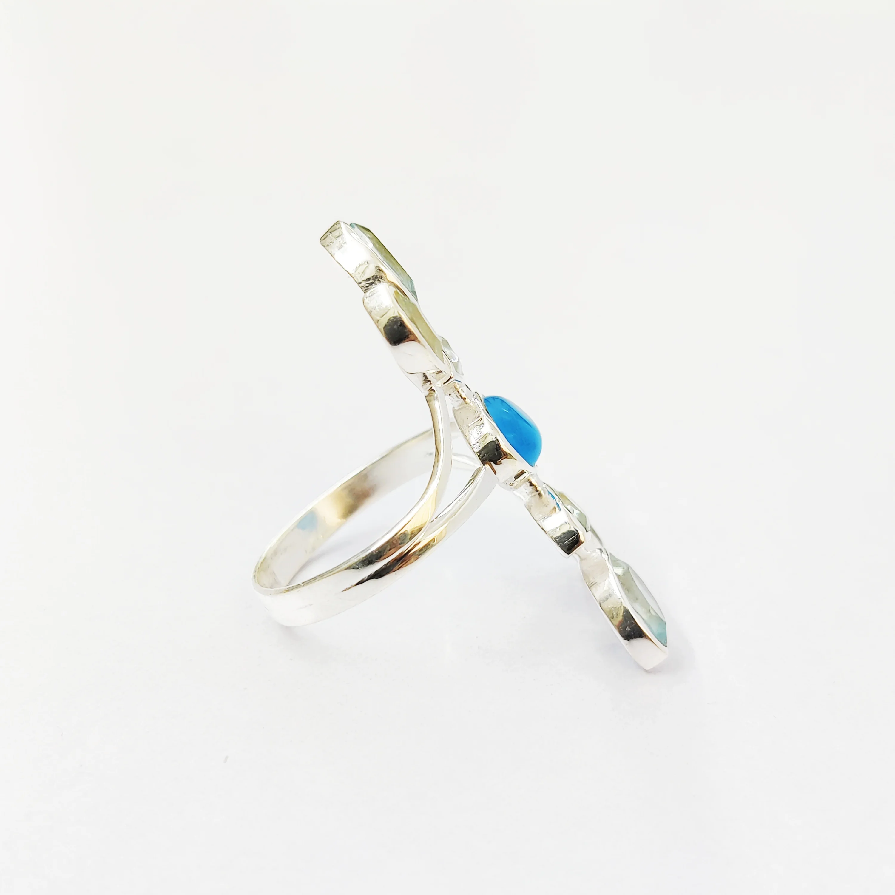 Unisex Multi-Stone Vintage Ring Lightweight Silver Gemstone Ring with Blue Quartz and Turquoise for Men and Women