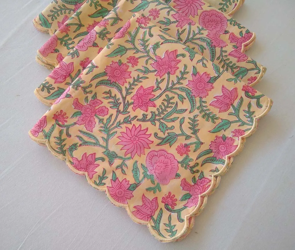 Indian Handmade Reusable Cotton Napkins Set Floral Leaf Hand-Block Printed Embroidered Scalloped Edge Weddings Kitchen Soft